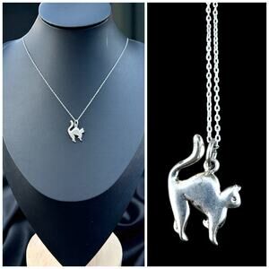 Sterling Silver Cat Loved Arched Back Kitty Mom Halloween Pendant Necklace 925
